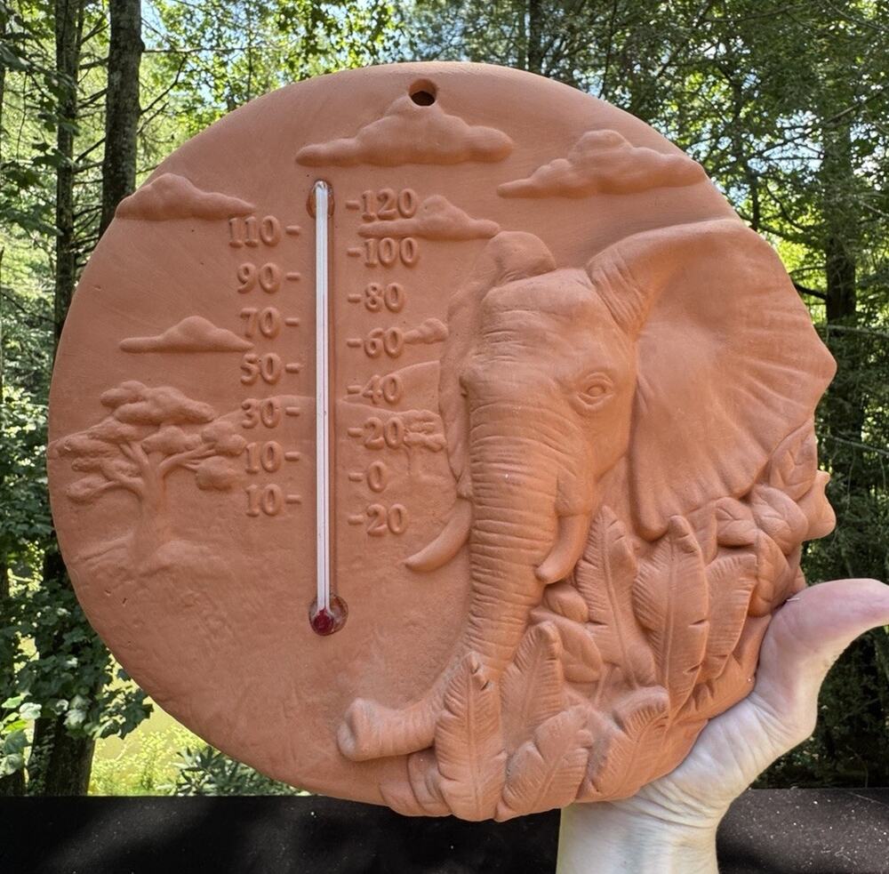 New Vtg Pottery Red Wear Scioto Mold Hanging Elephant Outdoor Thermometer Garden